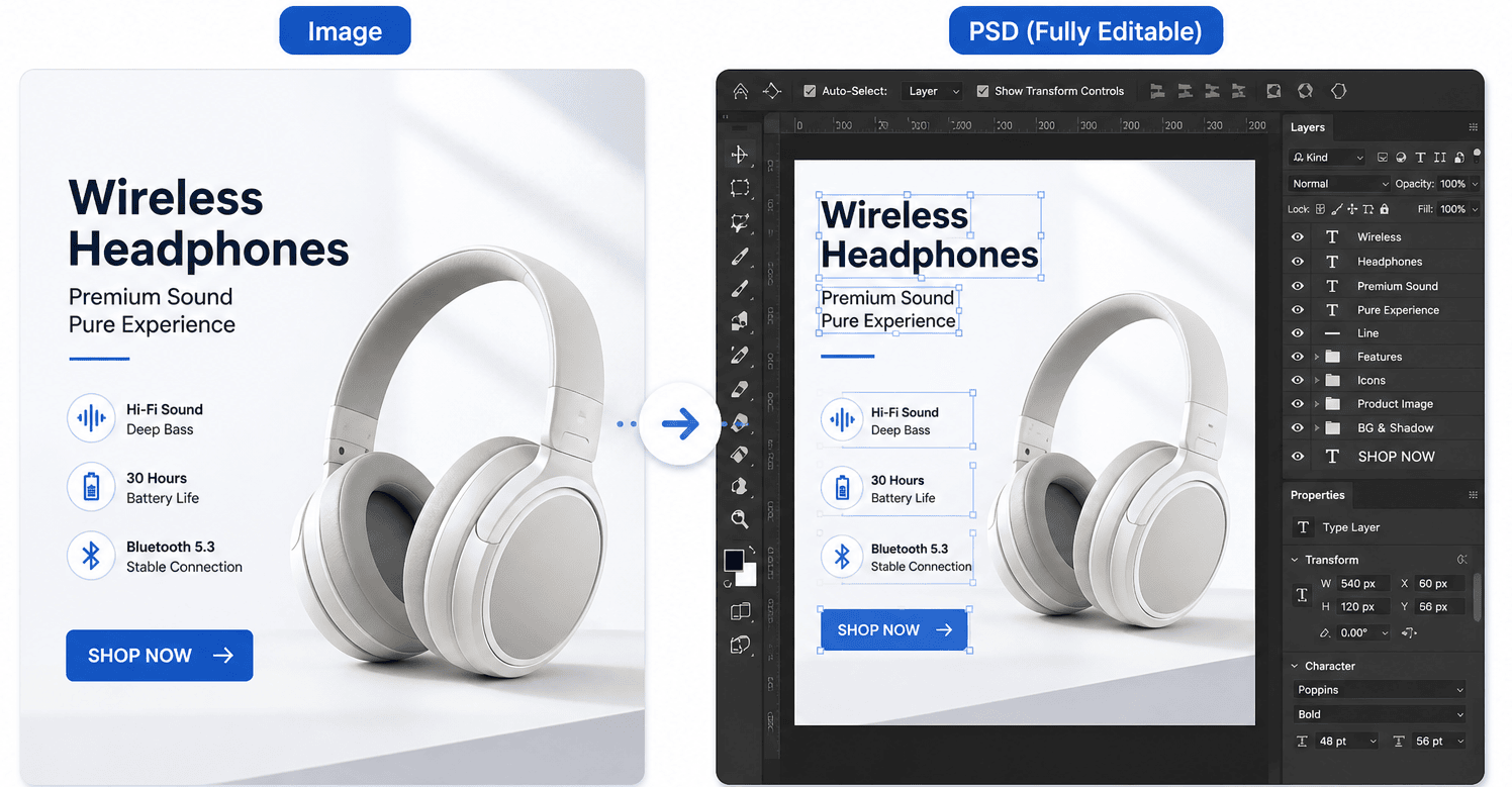 Image to PSD comparison — renamed flat PSD vs real AI layered PSD with separated background, subject, and text layers