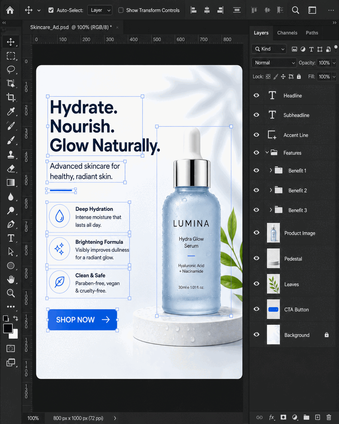 The same artwork converted to a layered PSD — background, subject, headline and logo each sit on their own Photoshop layer